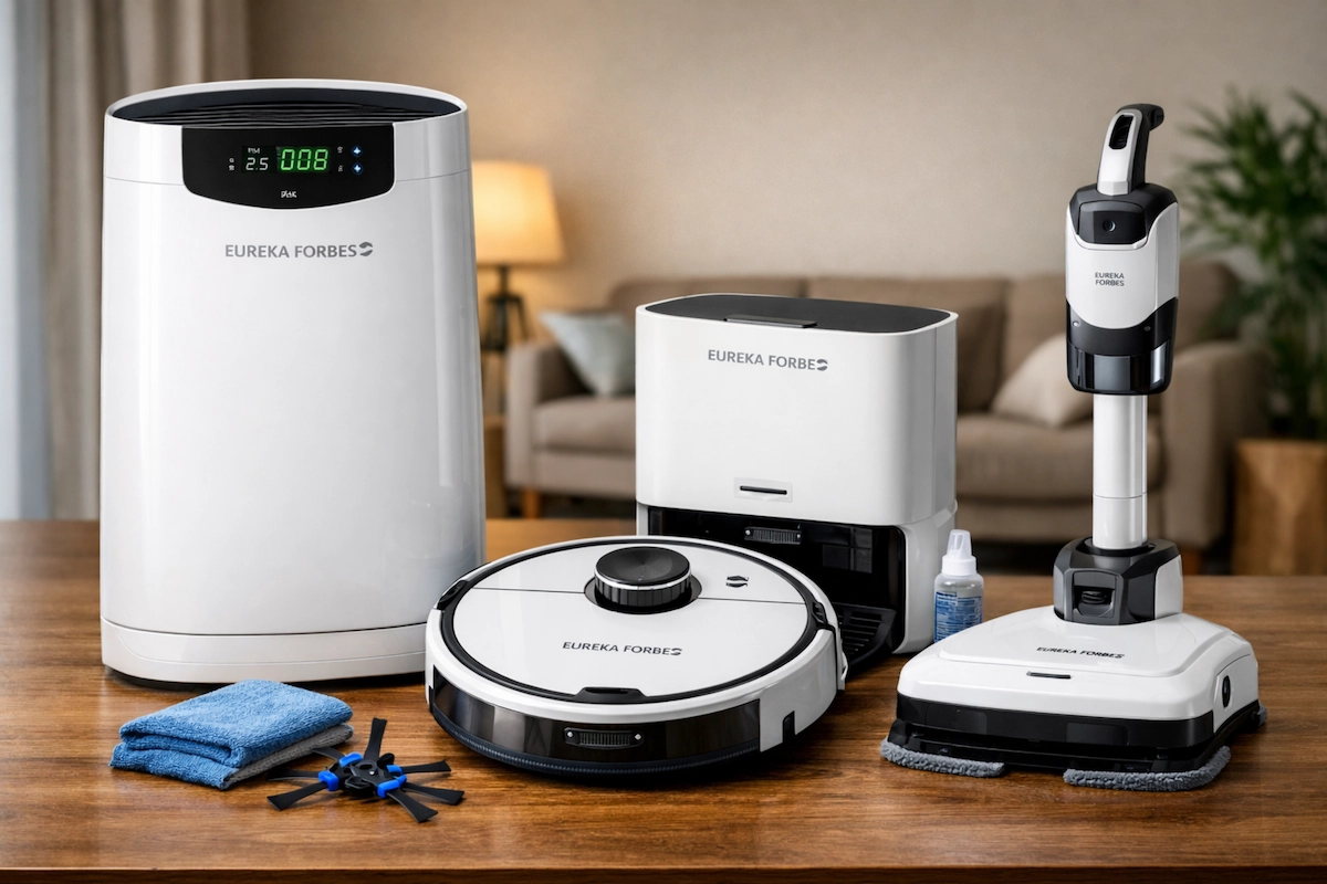 Eureka Forbes Q3 Results: Eureka Forbes उत्पाद (air purifier, robotics) दिखाते हुए।