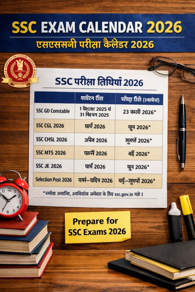 SSC 2026 Exam Calendar SSC 2026 Exam Calendar – SSC परीक्षा कैलेंडर 2026, सभी प्रमुख परीक्षा तिथियाँ और वैकेंसी के बारे में जानें।