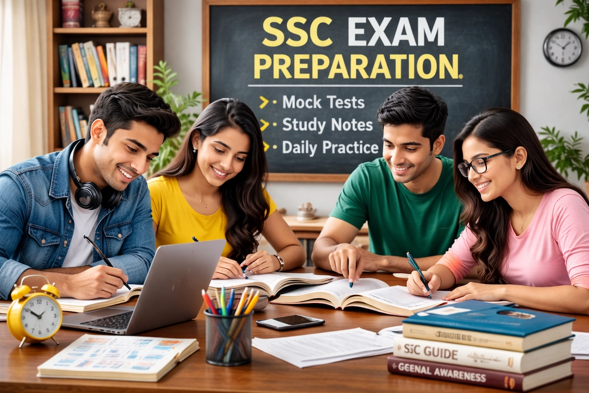 SSC 2026 परीक्षा तिथियाँ और वैकेंसी अपडेट – आवेदन और परीक्षा की पूरी जानकारी 1 SSC 2026 Exam Preparation – SSC परीक्षा की तैयारी में युवा छात्र मॉक टेस्ट, अध्ययन नोट्स, और दैनिक अभ्यास में व्यस्त हैं।