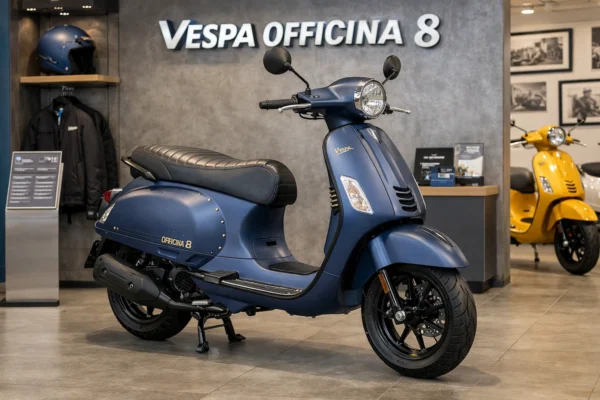 Matte Metallic Blue रंग में खड़ी Vespa Officina 8 (Vespa Officina 8) स्पेशल एडिशन स्कूटर का साइड प्रोफाइल
