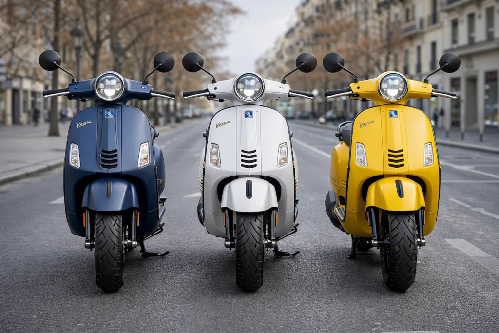 LED हेडलाइट और सेमी-डिजिटल क्लस्टर के साथ Vespa Officina 8 (Vespa Officina 8) का फ्रंट व्यू