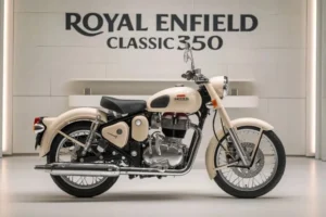 Royal Enfield Classic 350 2026 का फ्रंट LED हेडलैंप और नया डिजाइन शोरूम में प्रदर्शित