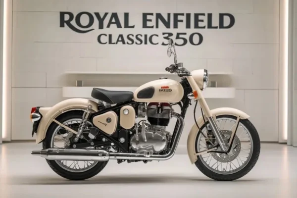Royal Enfield Classic 350 2026 का फ्रंट LED हेडलैंप और नया डिजाइन शोरूम में प्रदर्शित