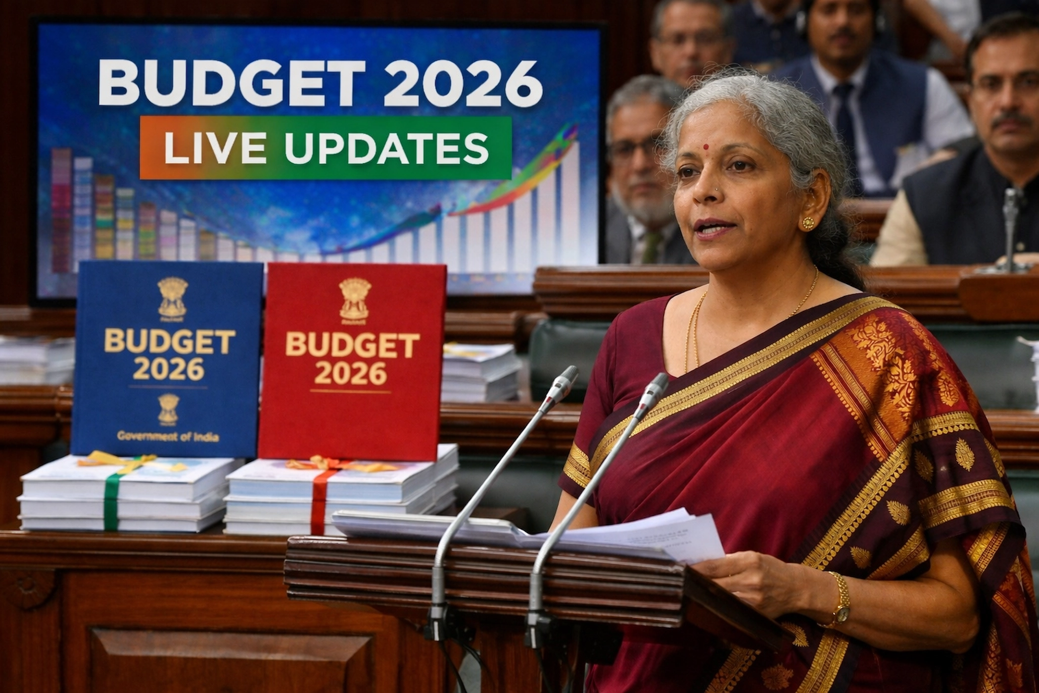 निर्मला सीतारमण संसद में Budget 2026 Live Updates प्रस्तुत करतीं, साथ में बजट दस्तावेज़ दिखाई दे रहे हैं।