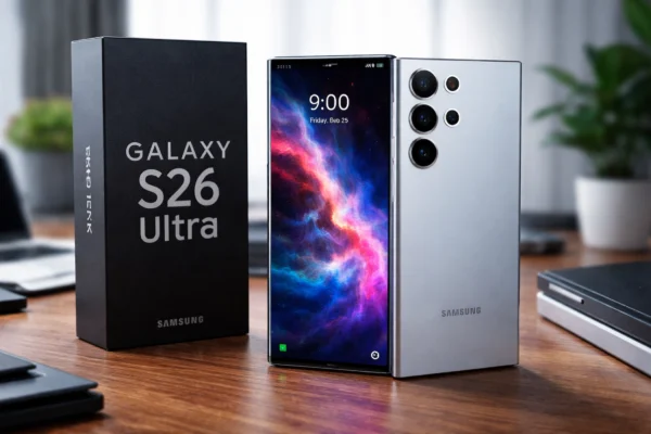 Samsung Galaxy S26 Ultra शोकेस किया गया, इसके शानदार AMOLED स्क्रीन और स्लीक मैट सिल्वर फिनिश के साथ, शोरूम सेटिंग में।