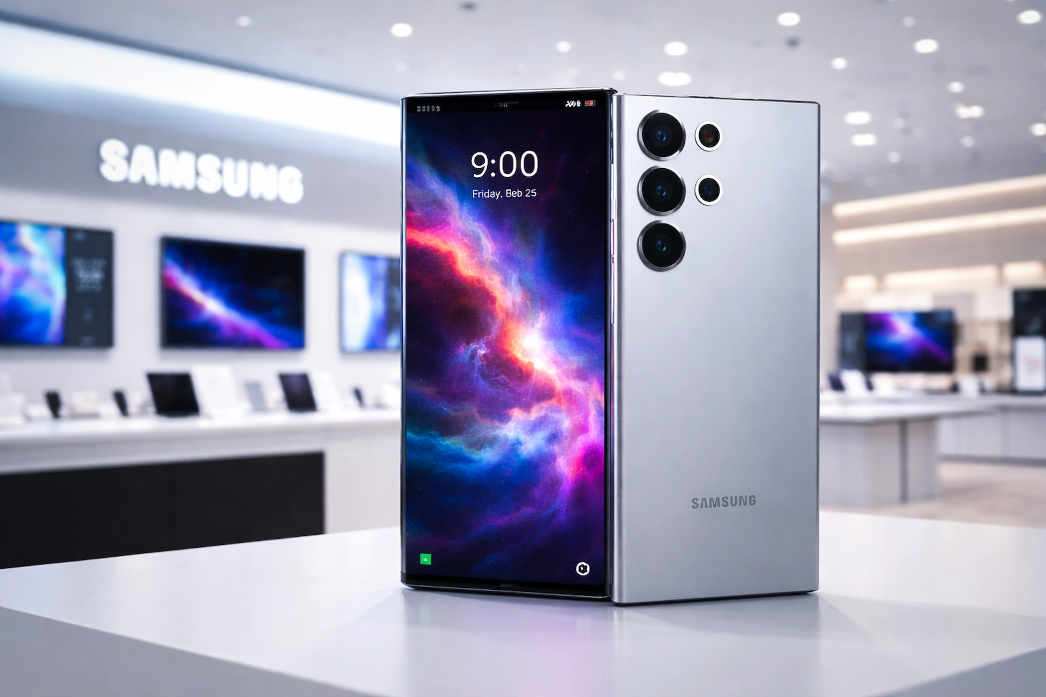 Samsung Galaxy S26 Ultra, इसके फ्रंट-facing AMOLED स्क्रीन और पॉलिश्ड बैक के साथ, एक शीक शोरूम वातावरण में प्रदर्शित।