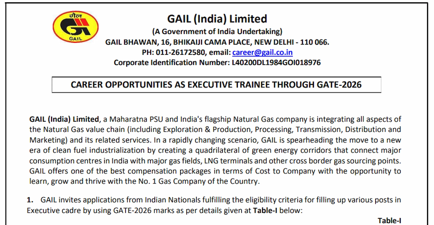 Apply for GAIL Recruitment 2026 GAIL Recruitment 2026 Executive Trainee Vacancy