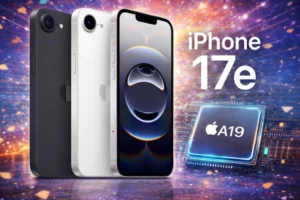 स्टूडियो लाइट में iPhone 17e (iPhone 17e) का रियल-फोटो स्टाइल फ्रंट और रियर डिजाइन, सिंगल कैमरा और OLED स्क्रीन