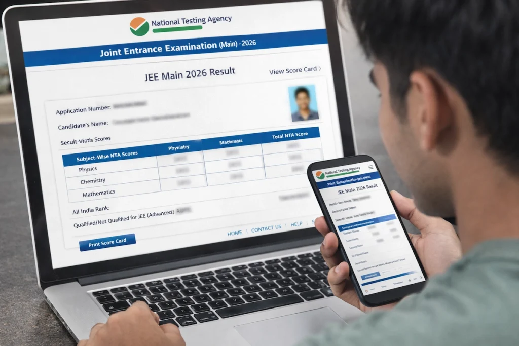 JEE Mains Result 2026 Official Update JEE Mains Result 2026 जारी, छात्र लैपटॉप पर jee mains result 2026 स्कोरकार्ड चेक करते हुए
