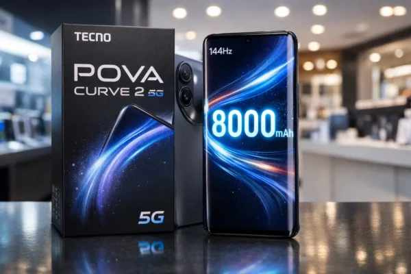 Tecno Pova Curve 2 5G का 144Hz कर्व्ड AMOLED डिस्प्ले और 8000mAh बैटरी वाला स्मार्टफोन फ्रंट व्यू