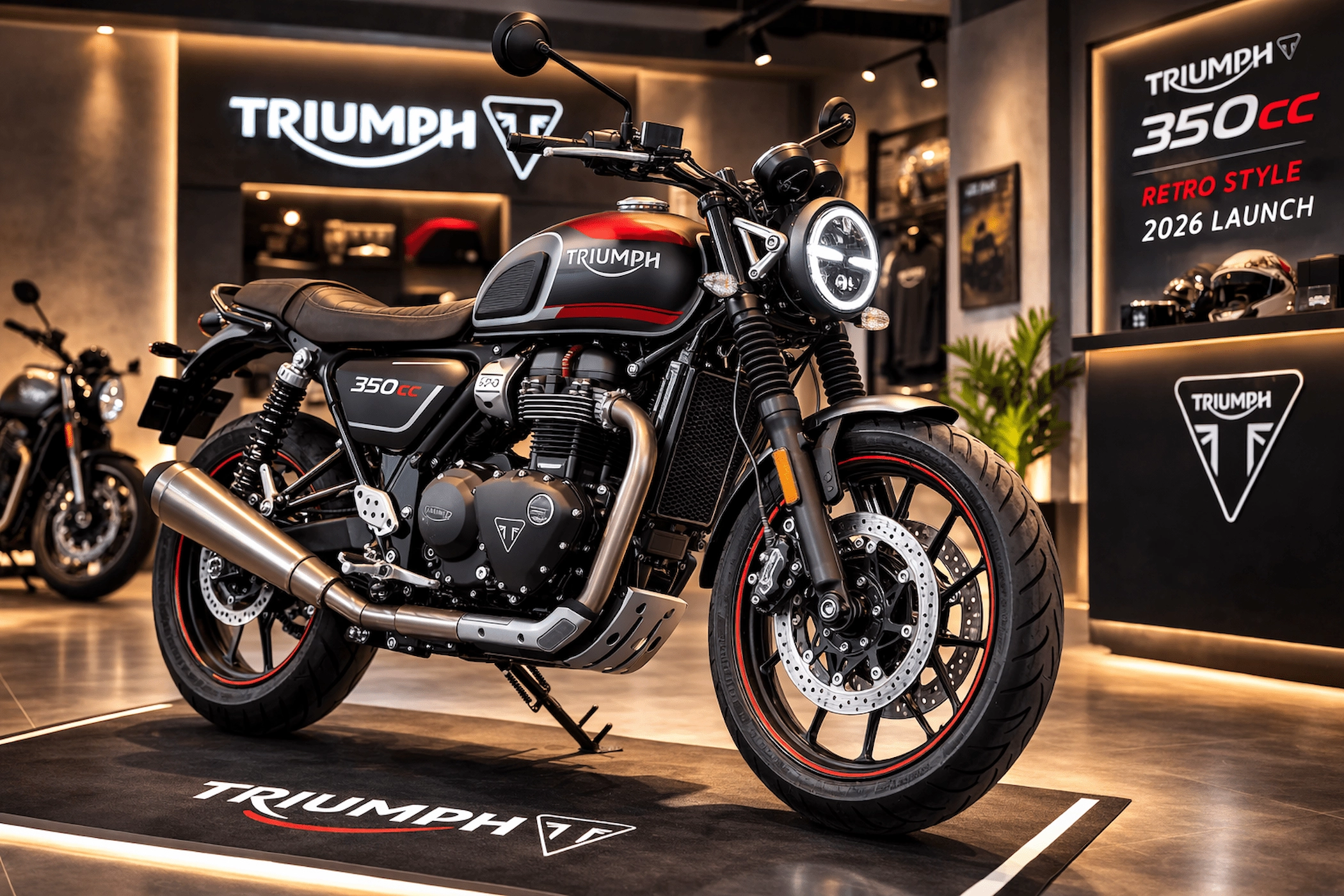 अप्रैल 2026 में आ सकती है Triumph 350cc, retro design और किफायती कीमत से बढ़ी चर्चा 1 Triumph 350cc की नई retro style बाइक इमेज, जिसमें क्लासिक डिजाइन, आकर्षक बॉडी लुक और अप्रैल 2026 लॉन्च से जुड़ी झलक दिखाई दे रही है