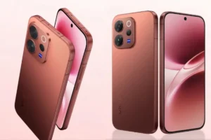 vivo v70 का फ्रंट और बैक व्यू, 1.5K AMOLED डिस्प्ले और 120Hz रिफ्रेश रेट हाइलाइट करता हुआ