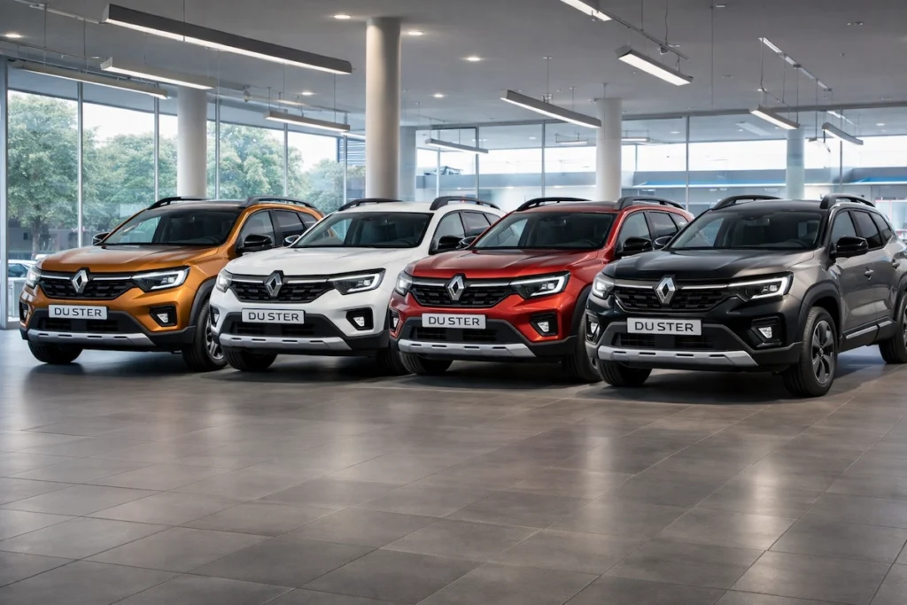 2026 Renault Duster SUV शो रूम में अलग-अलग रंगों में प्रदर्शित, नया डिज़ाइन और फीचर्स।