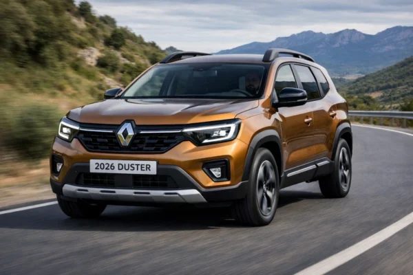 2026 Renault Duster SUV सड़क पर नया डिज़ाइन और हाइब्रिड इंजन के साथ, जो तेज़ी से दौड़ती हुई दिख रही है।