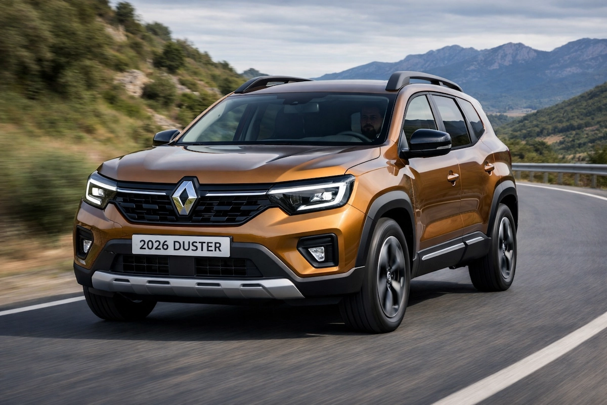2026 Renault Duster SUV सड़क पर नया डिज़ाइन और हाइब्रिड इंजन के साथ, जो तेज़ी से दौड़ती हुई दिख रही है।