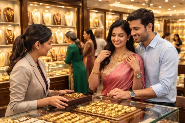 Gold Silver Price Feb 2026 के अनुसार ज्वेलरी शोरूम में ग्राहक गोल्ड और सिल्वर गहनों का चयन करते हुए।