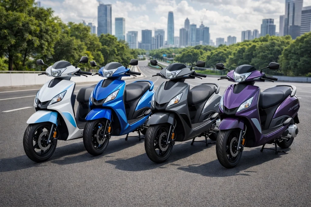 TVS Jupiter Electric: नया डिज़ाइन और रंग TVS Jupiter Electric (इलेक्ट्रिक स्कूटर) नए डिज़ाइन और रंगों के साथ