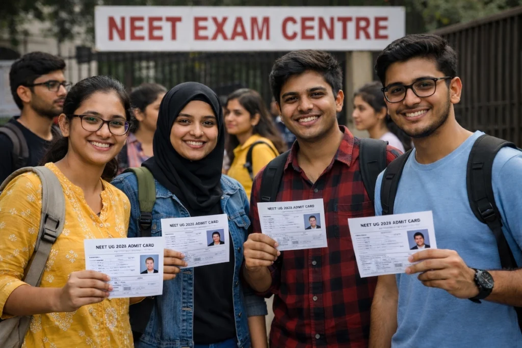 NEET UG 2026 Registration Date Live Updates से जुड़ी तस्वीर, परीक्षा केंद्र के बाहर खड़े मेडिकल छात्र
