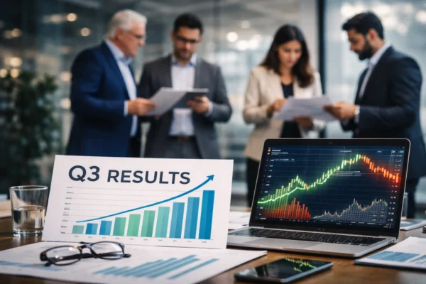 Q3 परिणाम 2026 (Q3 Result 2026) के दौरान व्यापारिक ग्राफ और विश्लेषक चर्चा में दिखाई दे रही कंपनियों की प्रगति।