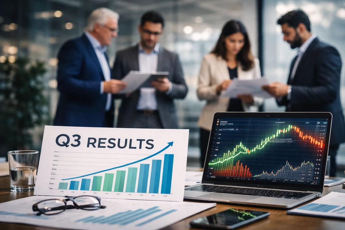 Q3 परिणाम 2026 (Q3 Result 2026) के दौरान व्यापारिक ग्राफ और विश्लेषक चर्चा में दिखाई दे रही कंपनियों की प्रगति।