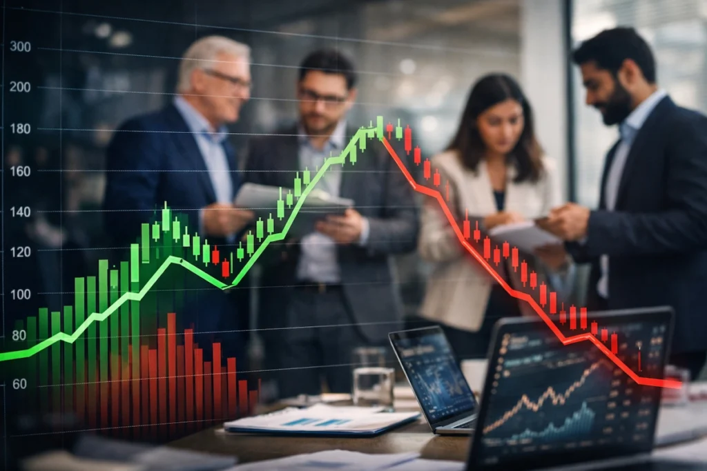 Q3 परिणाम 2026 (Q3 Result 2026) के दौरान वित्तीय ग्राफ और व्यापारिक पेशेवरों की चर्चा दर्शाती हुई एक कार्यस्थल इमेज।