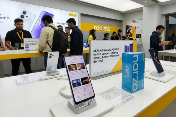 Realme Narzo Power का बैक पैनल Titan Blue कलर में 50MP कैमरा और 10001mAh Titan बैटरी के साथ प्रीमियम फिनिश में