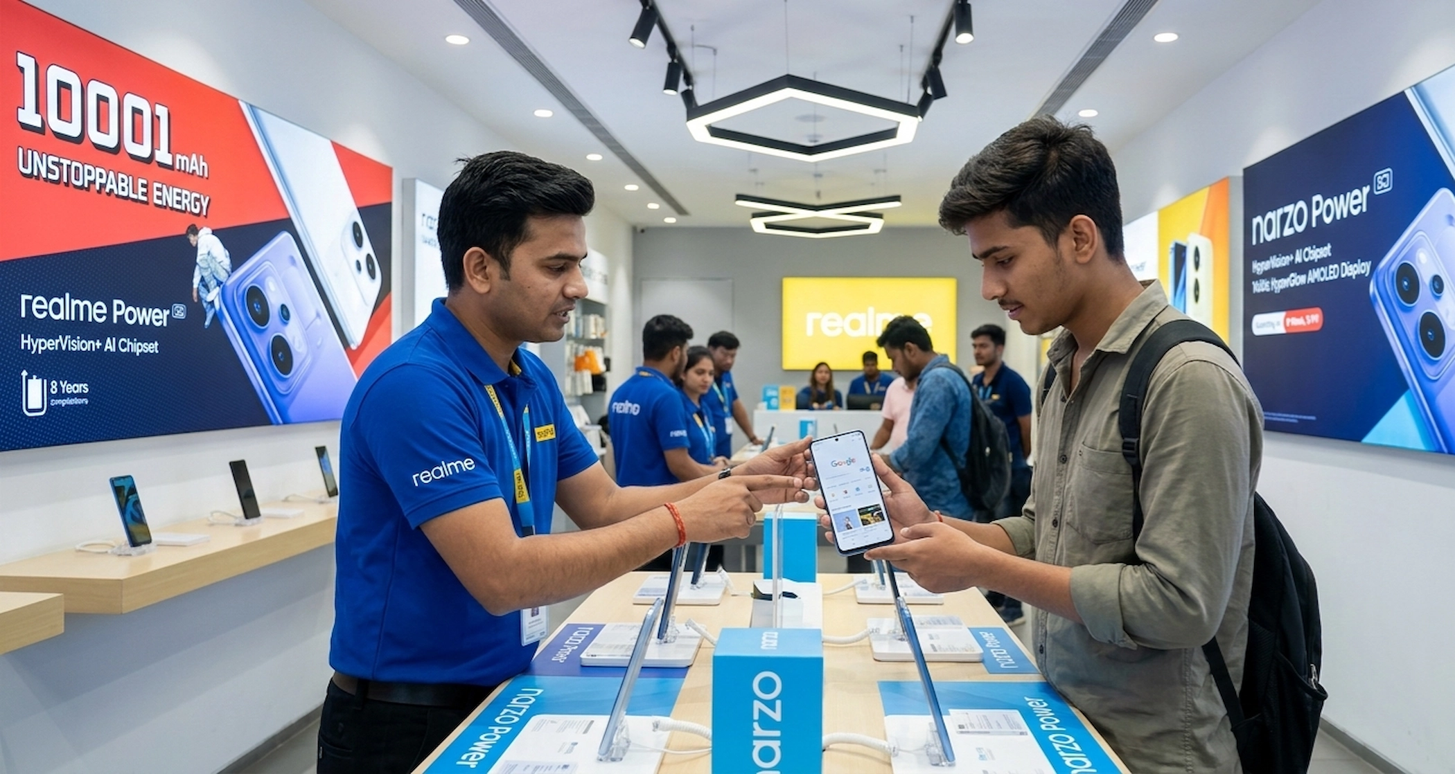 Realme Narzo Power 144Hz AMOLED डिस्प्ले Realme Narzo Power स्मार्टफोन का फ्रंट व्यू जिसमें 6.78 इंच 144Hz कर्व्ड AMOLED डिस्प्ले और पतले बेज़ल डिजाइन दिख रहे हैं