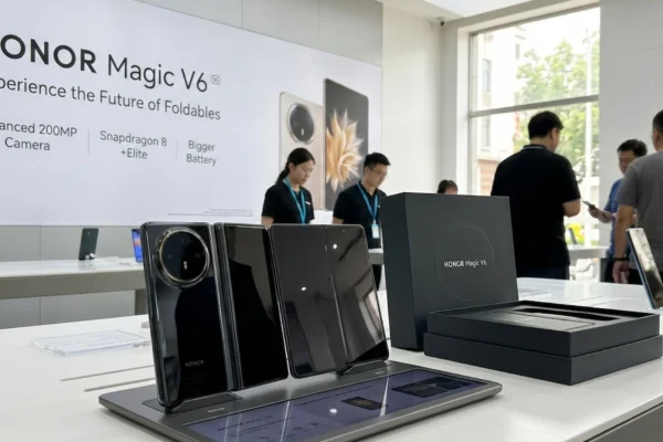 Honor Magic V6 का बैक पैनल ट्रिपल कैमरा सेटअप 50MP मुख्य सेंसर और 6660mAh बैटरी के साथ प्रीमियम मेटल फिनिश में