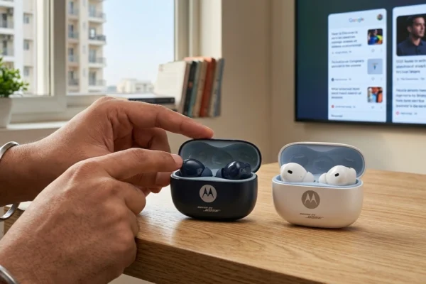Moto Buds 2 Plus का डिज़ाइन और स्मार्ट फीचर्स, जो आपको बेहतरीन ऑडियो और कनेक्टिविटी प्रदान करते हैं।