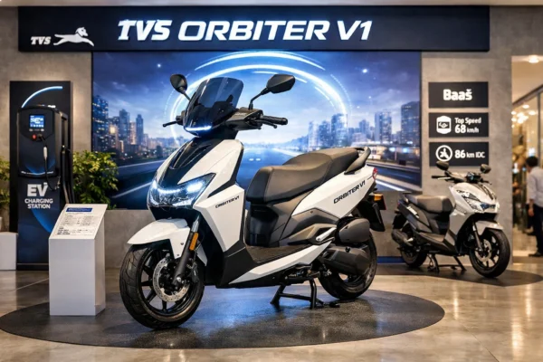 TVS Orbiter V1 इलेक्ट्रिक स्कूटर 2026, BaaS मॉडल, 34L स्टोरेज और टॉप स्पीड 68 km/h के साथ।