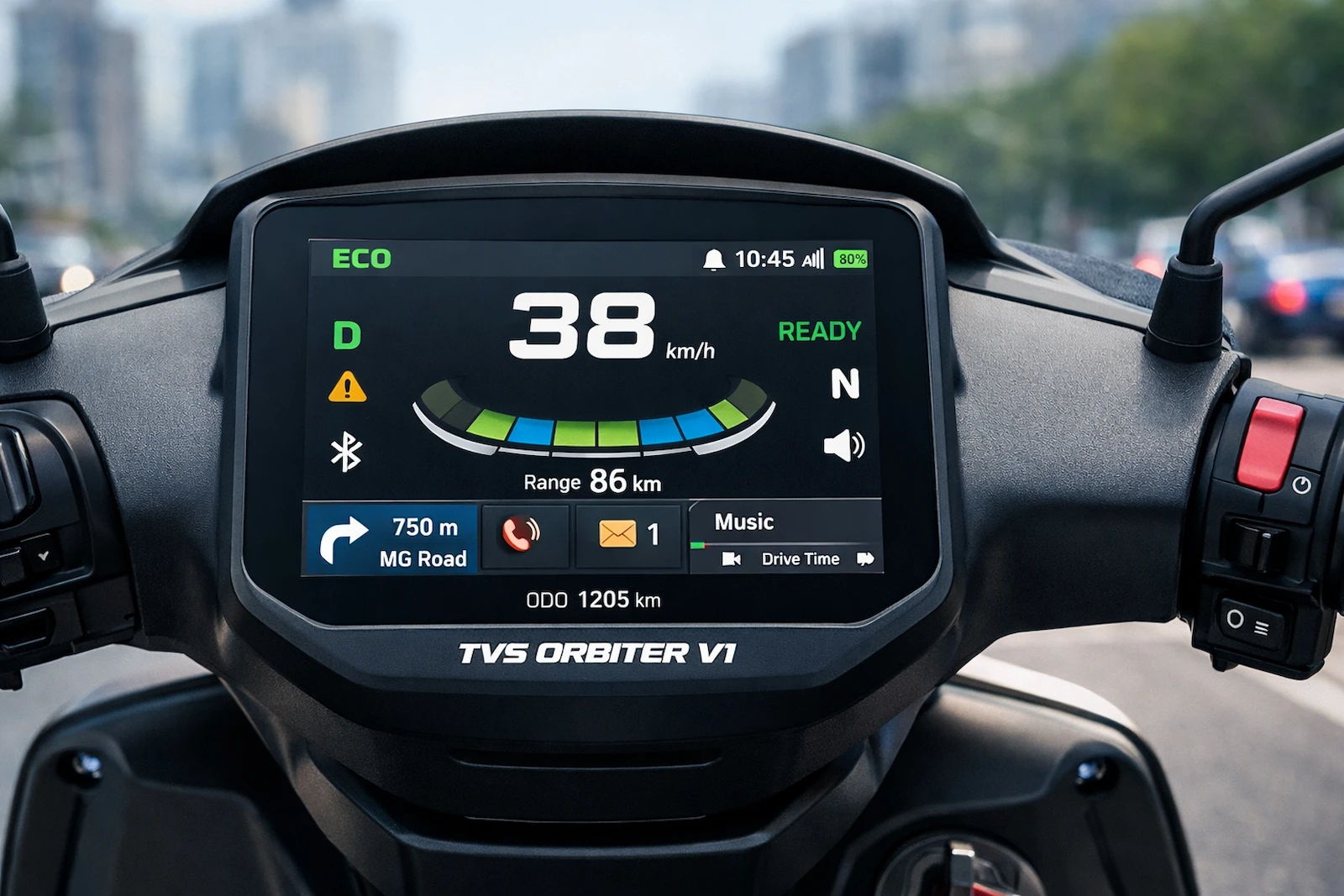 TVS Orbiter V1 इलेक्ट्रिक स्कूटर 2026 का हाई-क्वालिटी इमेज, शहर में सवारी और फीचर्स दिखा रहा है।