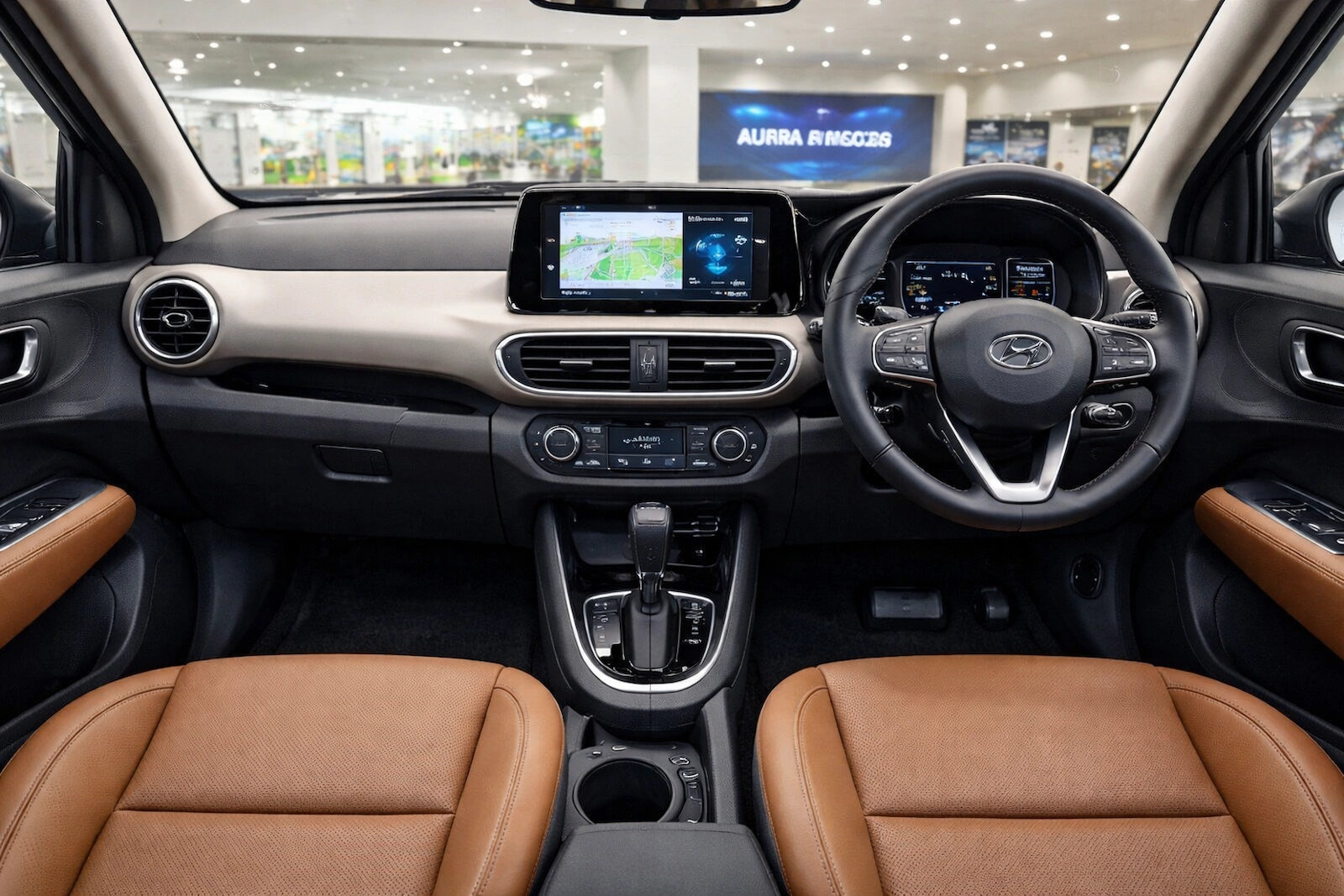 Hyundai Aura 2026 प्रीमियम डिजाइन और इंटीरियर Hyundai Aura 2026 की प्रीमियम ड्यूल‑टोन इंटीरियर्स, LED DRLs और आरामदायक सीटों वाला आकर्षक दृश्य।