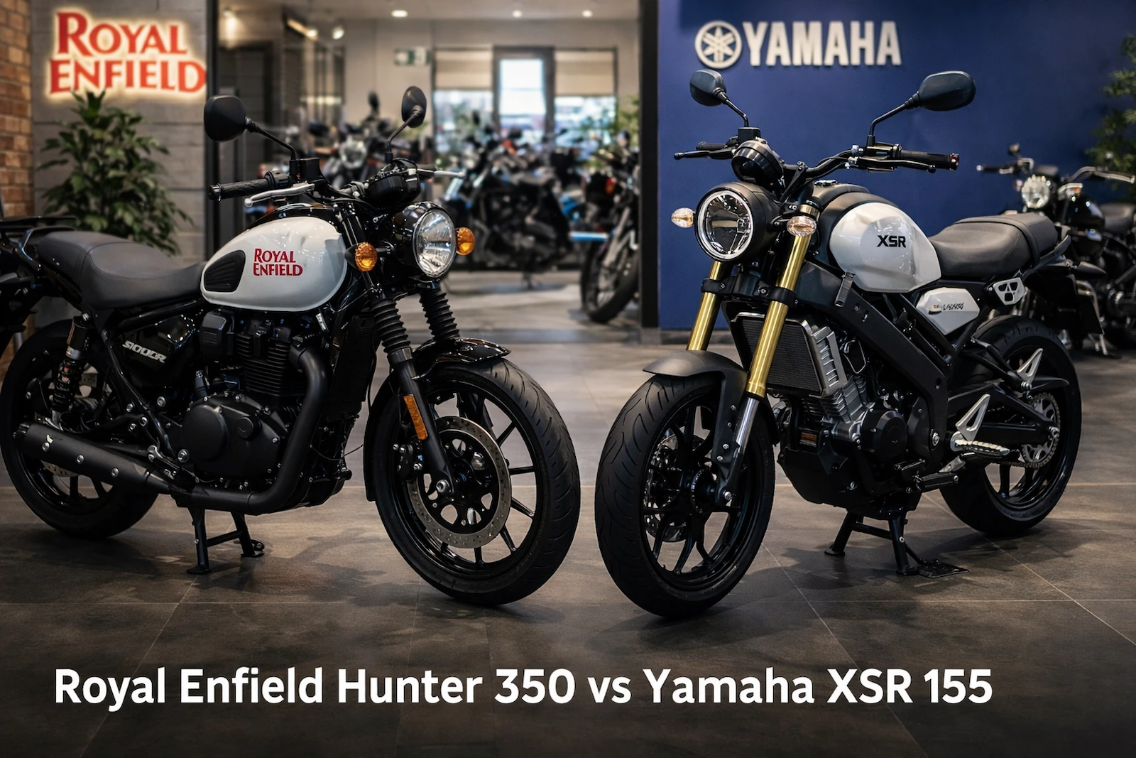 Hunter 350 vs XSR 155 तुलना Royal Enfield Hunter 350 vs Yamaha XSR 155 की तुलना, फीचर्स, माइलेज और टॉप स्पीड के साथ भारत में 2026 रोडस्टर।