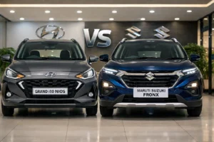 Hyundai Grand i10 Nios vs Maruti Suzuki Fronx 2026 का इंटीरियर और डैशबोर्ड, सीटिंग और फीचर्स दिखाता है