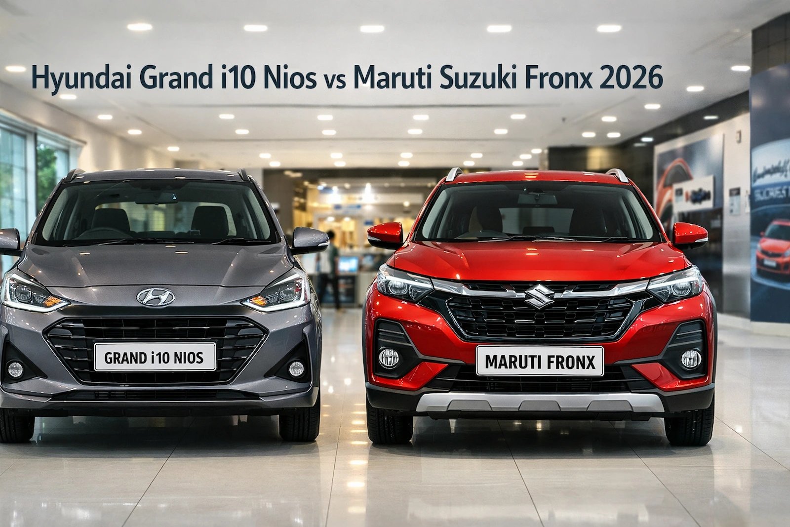 Hyundai Grand i10 Nios vs Maruti Suzuki Fronx 2026 का सामने का दृश्य, डिजाइन और लुक का स्पष्ट तुलना