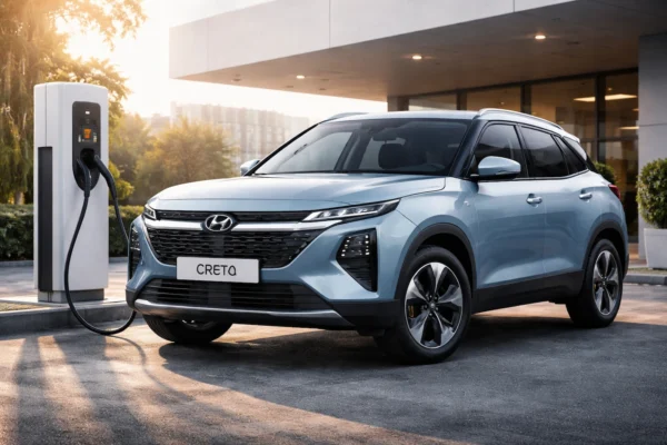 Hyundai Creta Electric 500KM रेंज वाली इलेक्ट्रिक SUV चार्जिंग स्टेशन पर खड़ी, स्टाइलिश डिजाइन और आधुनिक फीचर्स के साथ