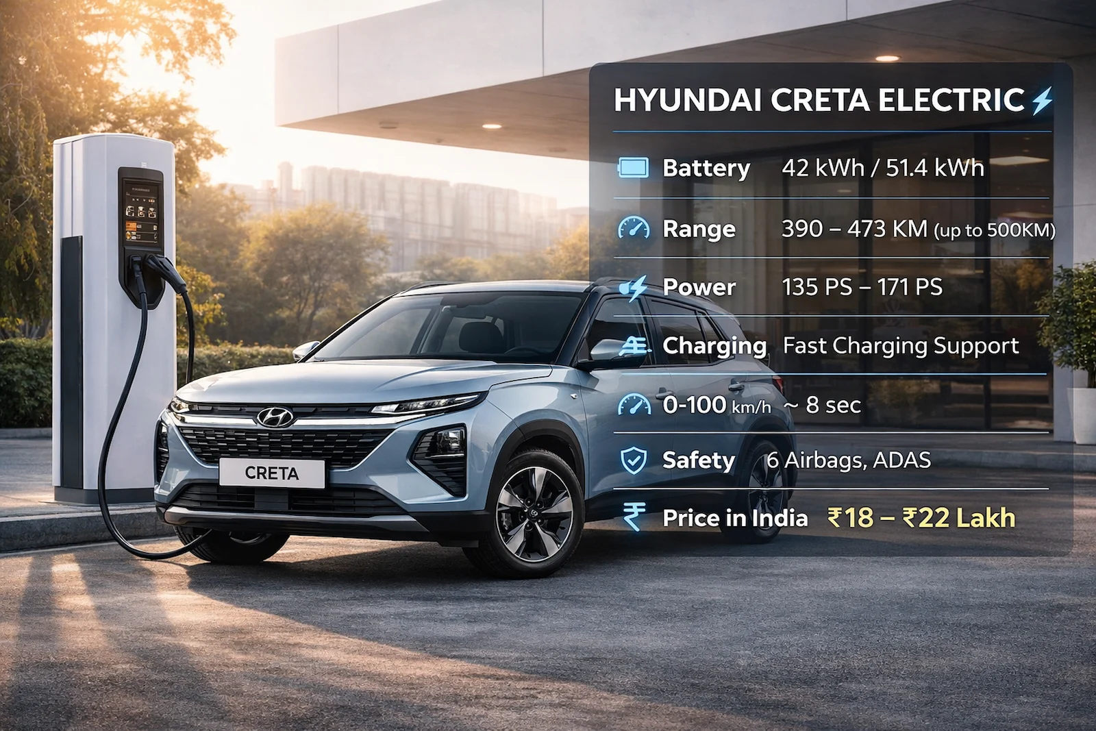 Hyundai Creta Electric SUV चार्जिंग स्टेशन पर खड़ी नई इलेक्ट्रिक कार, मॉडर्न डिजाइन और LED लाइट्स के साथ
