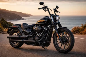 Harley-Davidson Street Bob की साइड प्रोफाइल, लो सीट, लंबा व्हीलबेस और प्रीमियम क्रूज़र स्टाइल के साथ