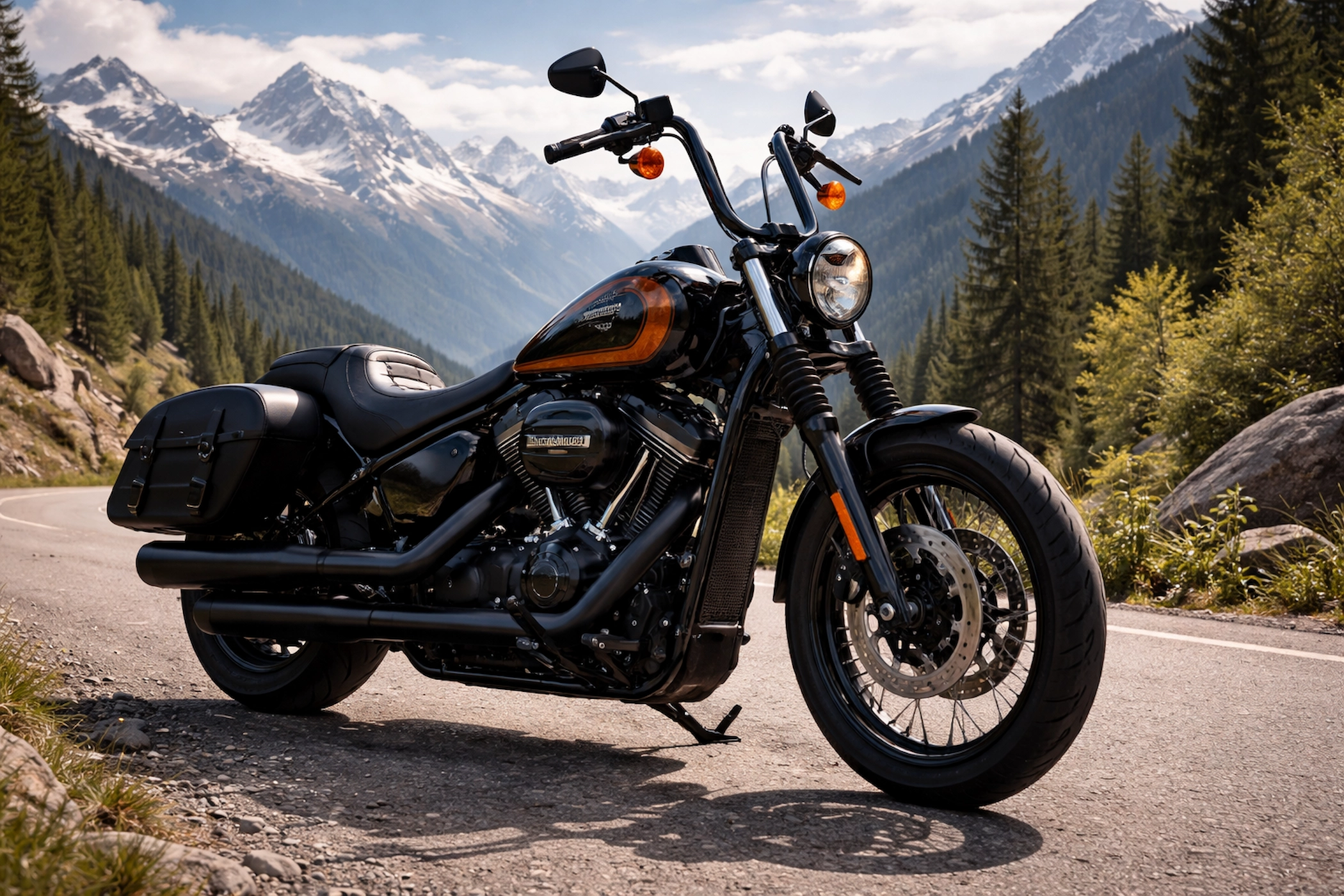 Harley-Davidson Street Bob का फ्रंट लुक Harley-Davidson Street Bob का फ्रंट व्यू, क्लासिक क्रूज़र डिजाइन, गोल हेडलाइट और दमदार रोड प्रेजेंस के साथ