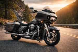 Harley-Davidson Road Glide premium touring motorcycle with bold styling, LED lighting, comfort seat and strong road presence