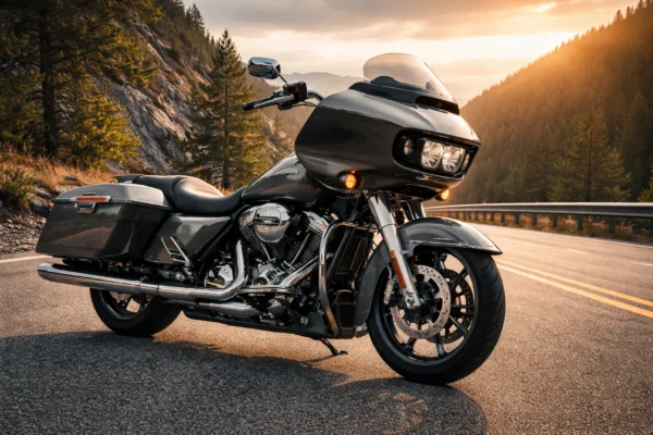 Harley-Davidson Road Glide premium touring motorcycle with bold styling, LED lighting, comfort seat and strong road presence