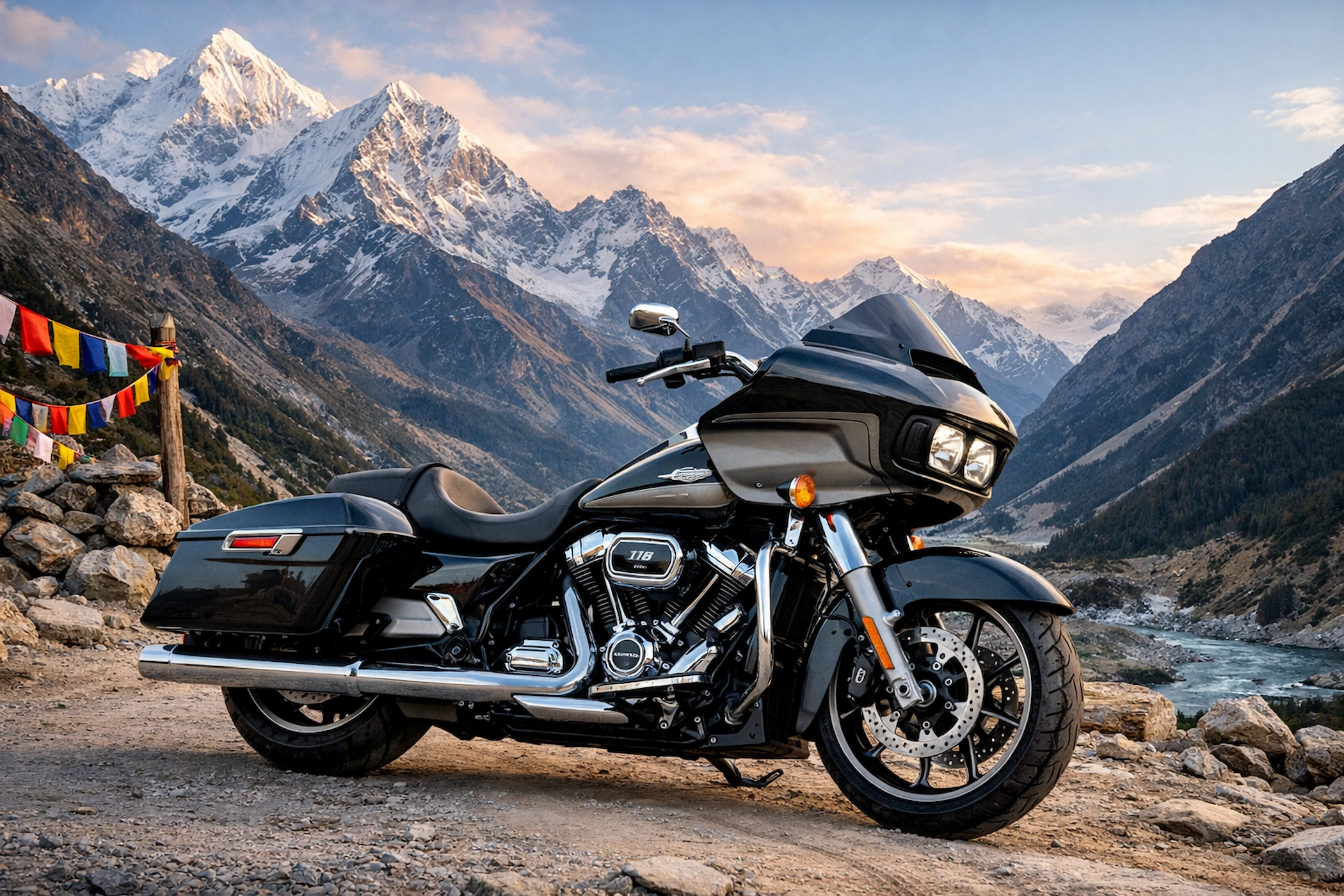 Harley-Davidson Road Glide luxury touring bike का front view, premium design, shark nose fairing और modern features
