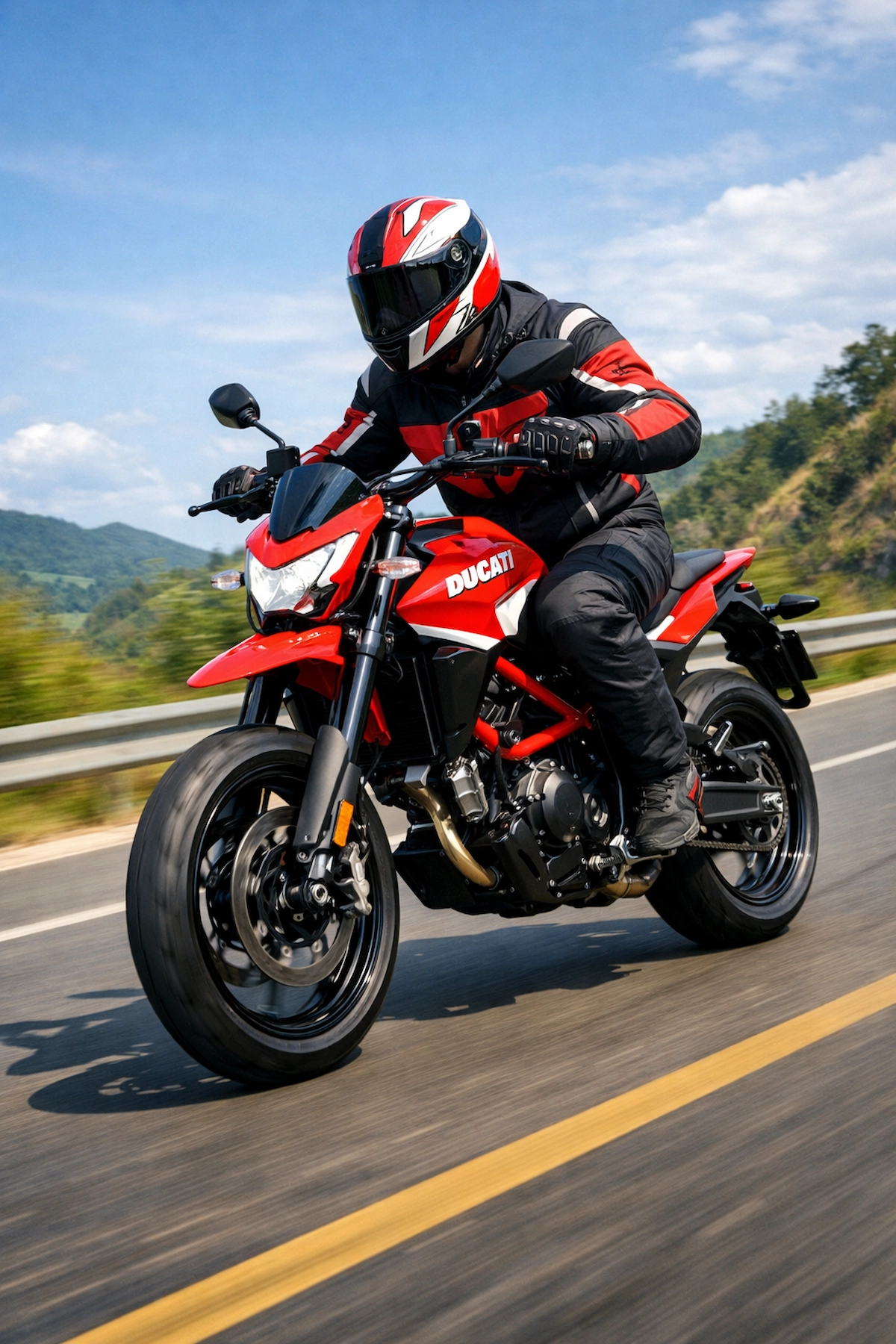 Ducati Desmo450 MX सड़क पर राइड करते हुए स्पोर्टी और दमदार बाइक का दृश्य