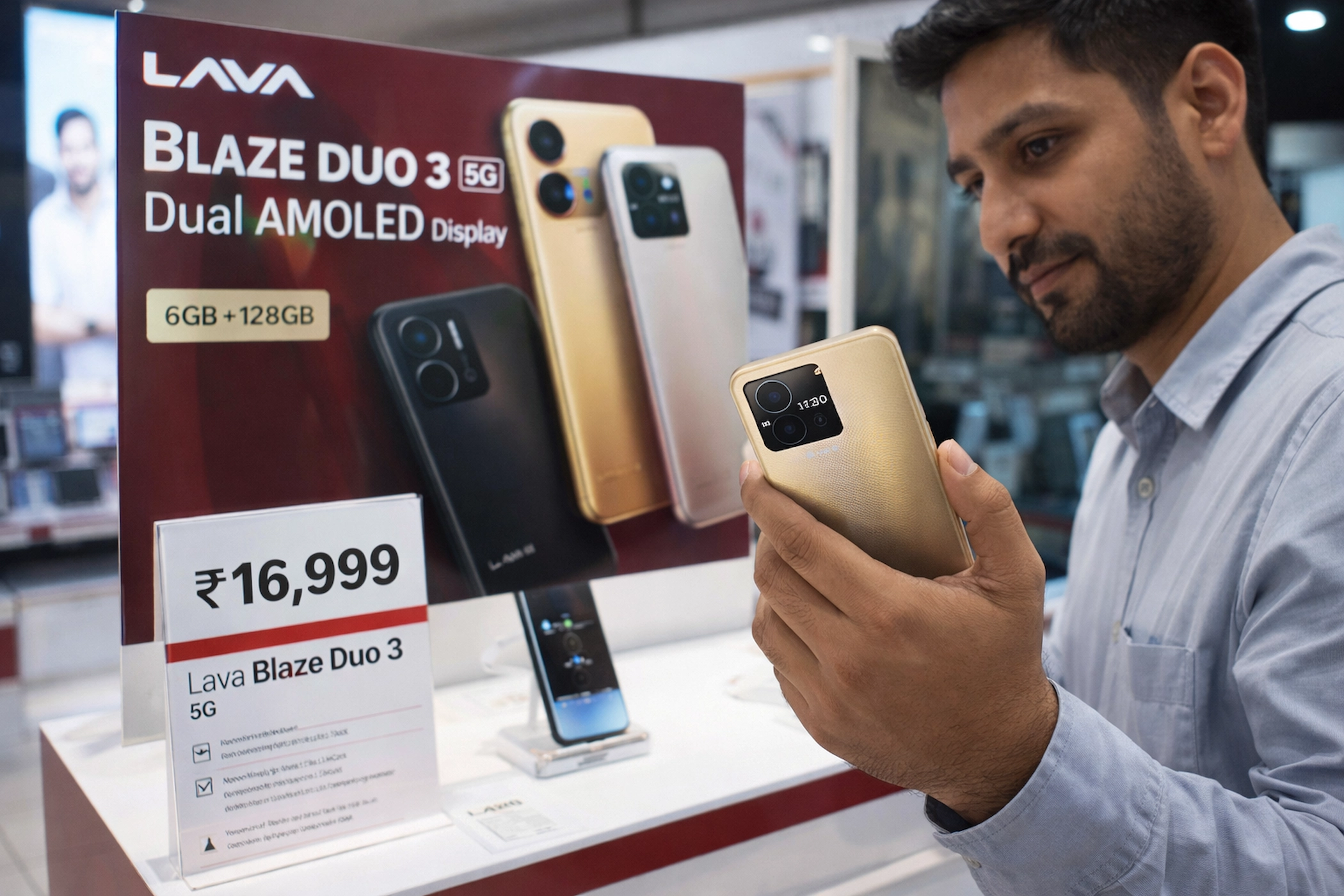 Lava Blaze Duo 3 5G कीमत और फीचर्स Lava Blaze Duo 3 5G स्मार्टफोन का फ्रंट और रियर व्यू, डुअल AMOLED डिस्प्ले, 50MP कैमरा और प्रीमियम डिजाइन