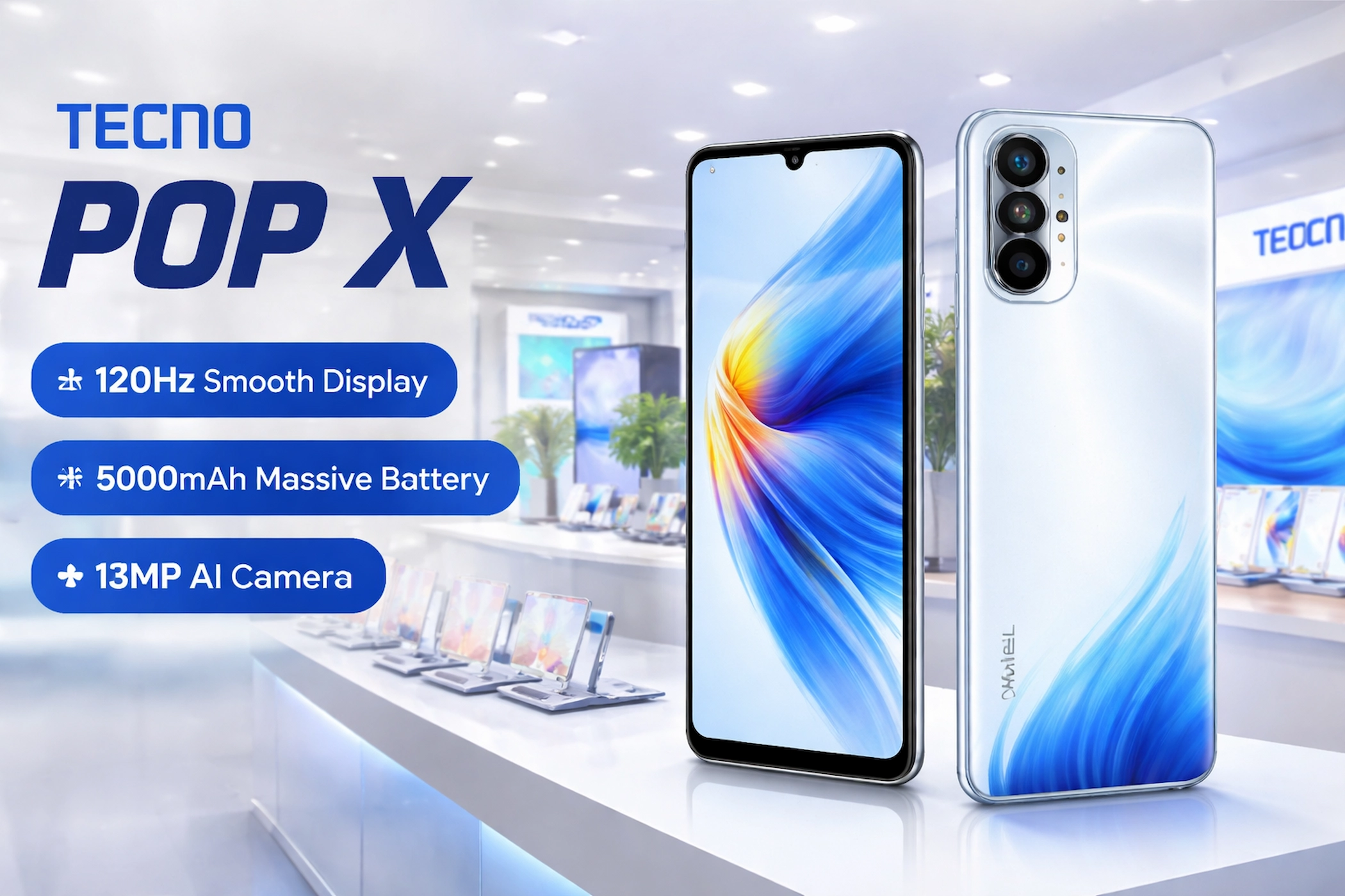 Tecno Pop X स्मार्टफोन का फ्रंट व्यू जिसमें 6.75 इंच HD+ 120Hz डिस्प्ले और डॉट नॉच डिजाइन साफ दिखाई दे रहा है