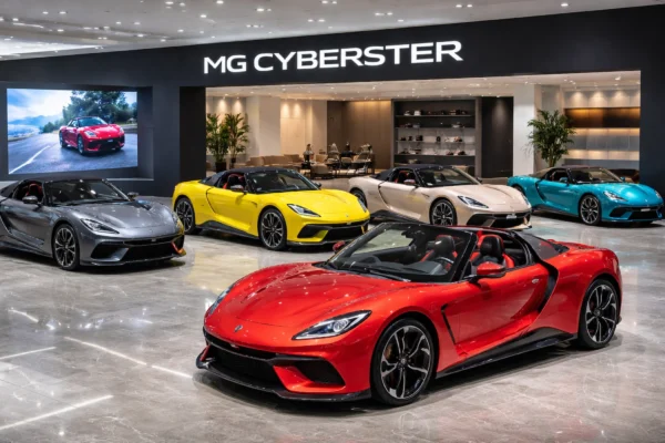 MG Cyberster का डिजिटल कॉकपिट, ट्रिपल स्क्रीन लेआउट और प्रीमियम इंटीरियर सुविधाओं को दिखाता है