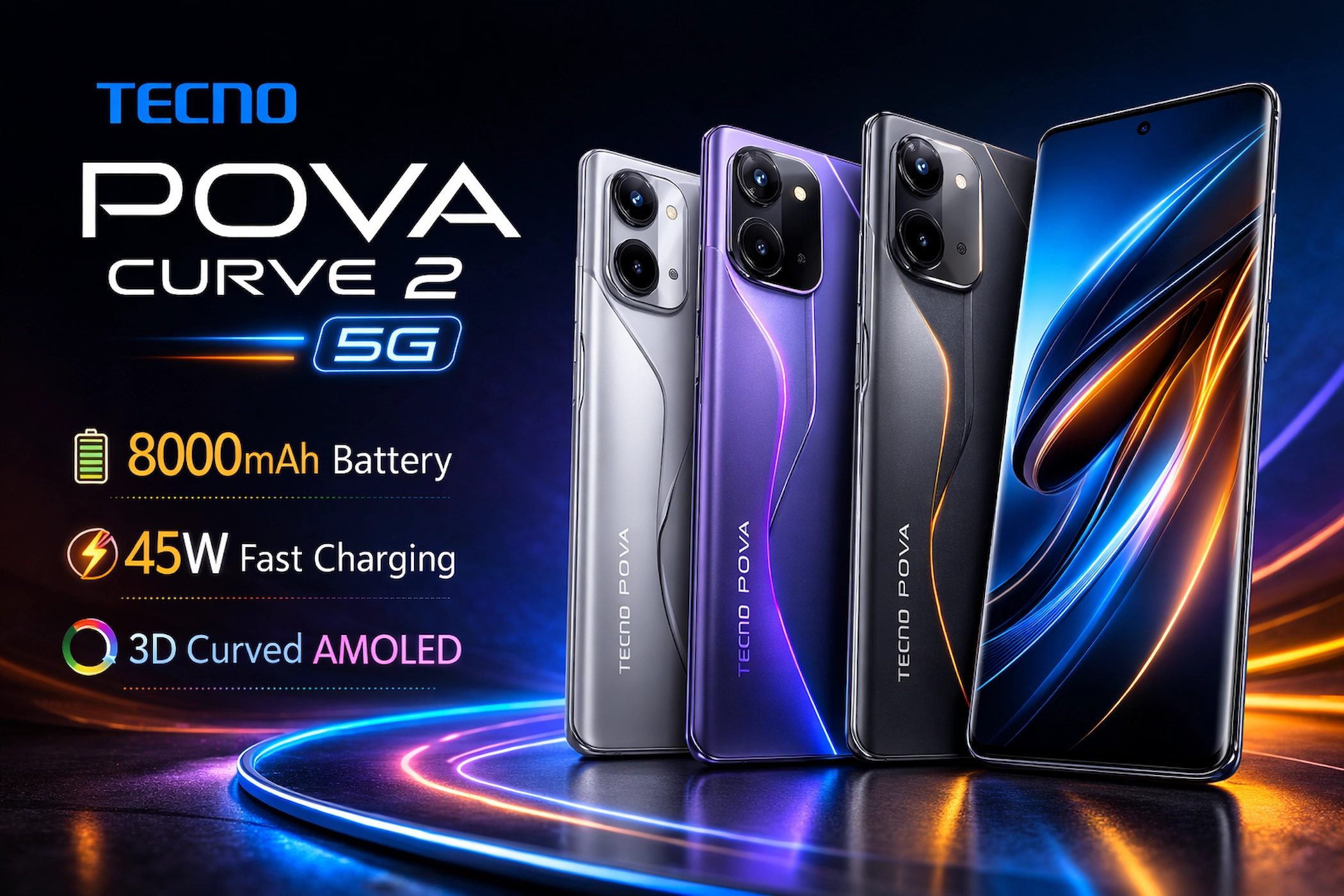 Tecno Pova Curve 2 5G multiple color स्क्रीन और डुअल कैमरा के साथ