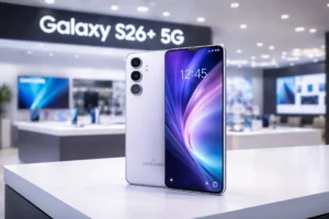 Samsung Galaxy S26 plus 5G का लैवेंडर बैक और प्रमुख कैमरा फीचर्स के साथ शोरूम टेबल पर प्रदर्शित स्मार्टफोन