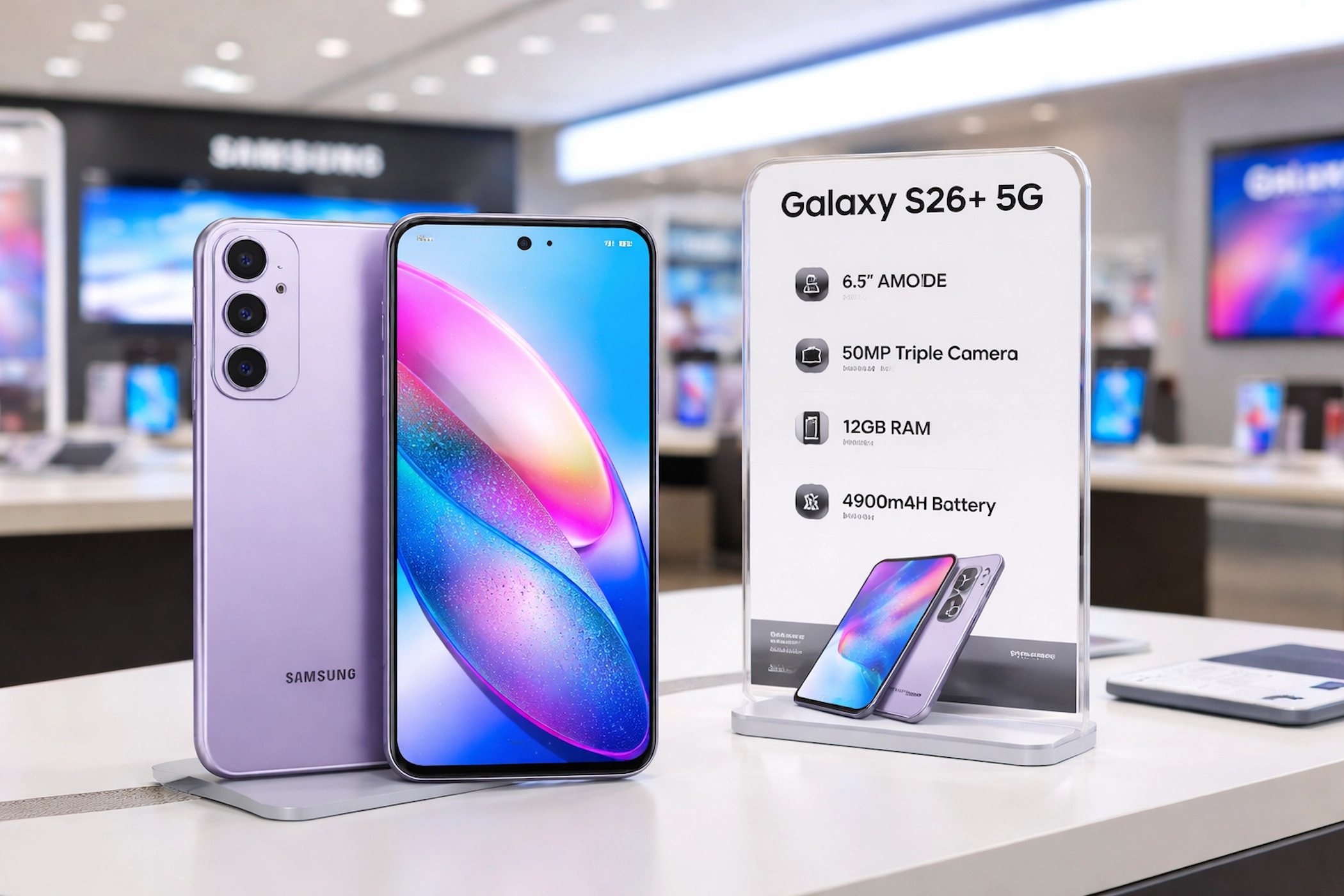 Samsung Galaxy S26 plus 5G का प्रीमियम AMOLED स्क्रीन और ट्रिपल कैमरा सेटअप दिखाता हुआ शोरूम में स्मार्टफोन